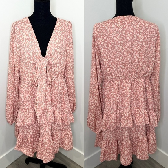 Floral Long Sleeve Mauve Deep V-Neck Cinched Waist Skater Dress - Picture 1 of 8